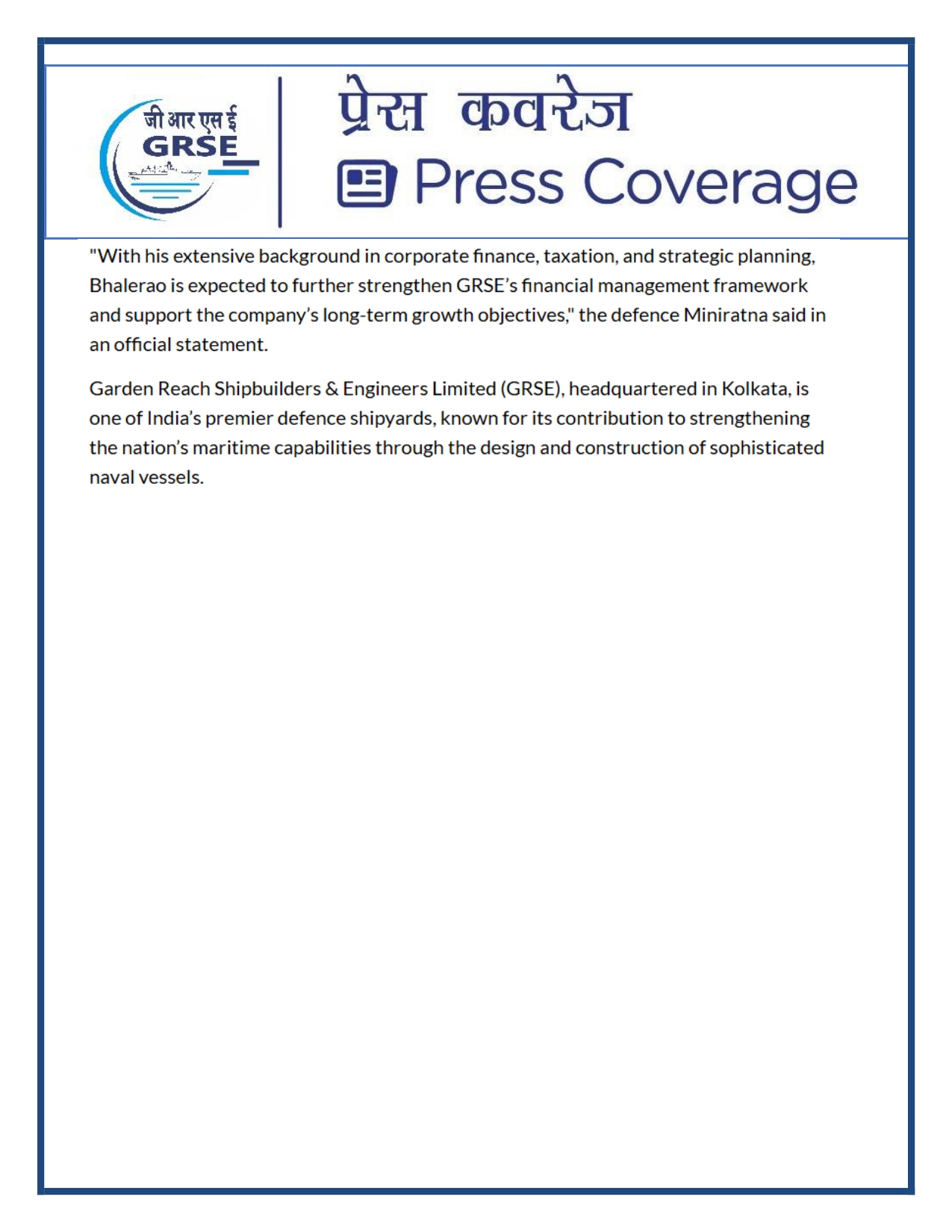 Press Coverage : 08 Oct 25:Shri Niranjan Bhalerao takes over as Director (Finance) of Garden Reach Shipbuilders & Engineers Ltd. (GRSE) 